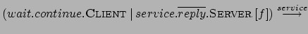 $\displaystyle (wait.continue.\textsc{Client} \:\vert\: service.\overline{reply}.\textsc{Server} \: [f])
\stackrel{service}{\longrightarrow}$
