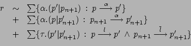 \begin{displaymath}
\begin{array}{rcl}
r & \sim & \sum \{\alpha.(p'\vert p_{n+...
...ckrel{\overline{l}}{\longrightarrow} p_{n+1}' \}
\end{array}
\end{displaymath}