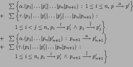 \begin{displaymath}
\begin{array}{rcl}
& & \sum \left\{ \alpha.(p_1\vert \dot...
...rline{l}}{\longrightarrow} p_{n+1}' \right\} \\
\end{array}
\end{displaymath}